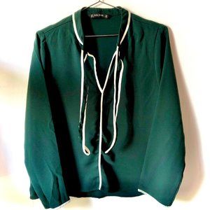 Dark Green V-Neck Zara Blouse with tie neck collar